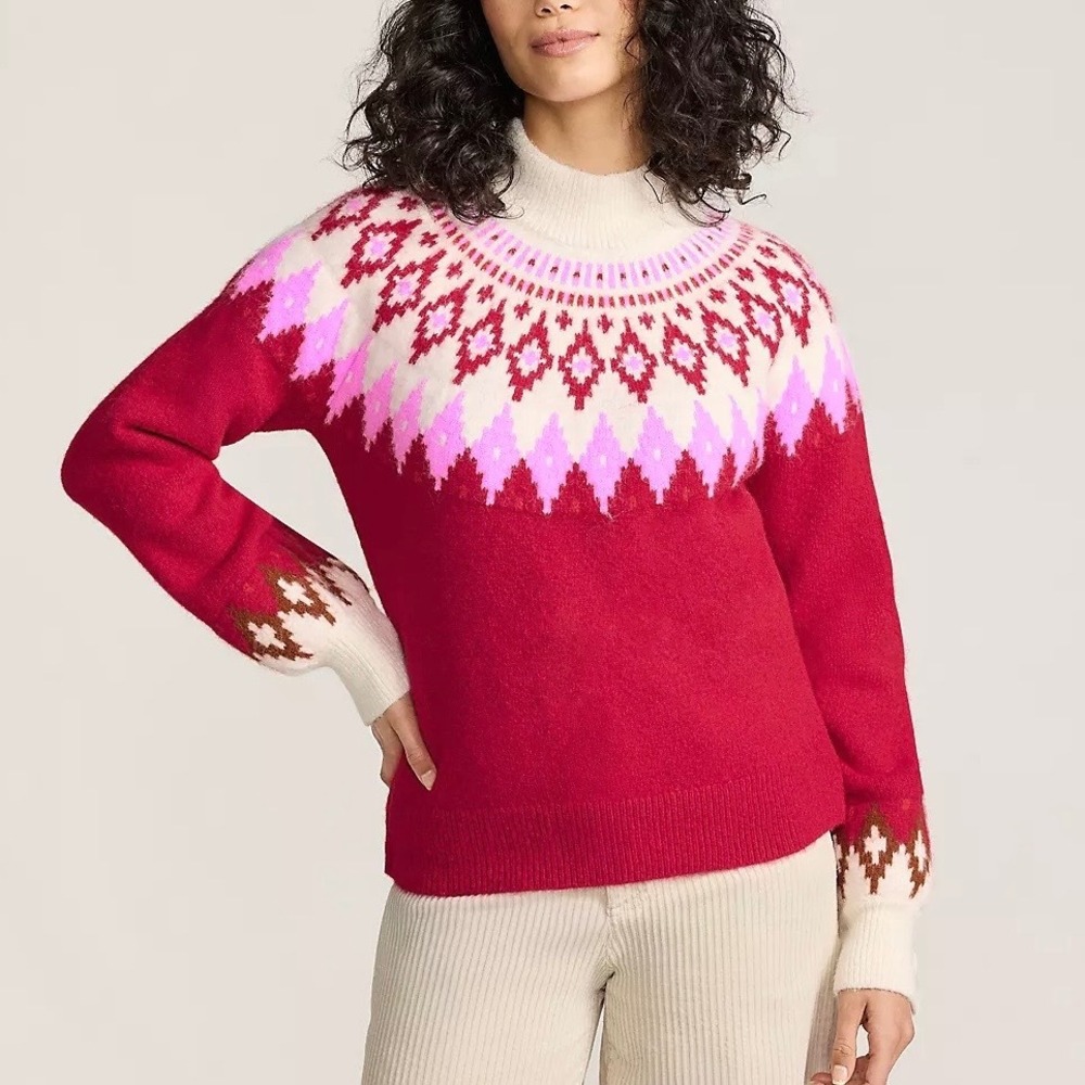 Lands' End Womens Rich Red Fair Isle Fuzzy Turtleneck Lantern Sleeve Sweater 1X